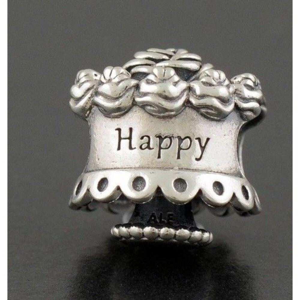 PANDORA 925 Sterling Silver "Happy Birthday" Cake Floral Bead Charm Retired